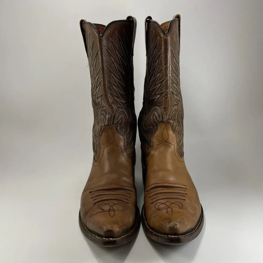 Dan Post 6154 Western Boots Mens Size 9 Pointed J Toe, Flame Embroidery Tan VTG